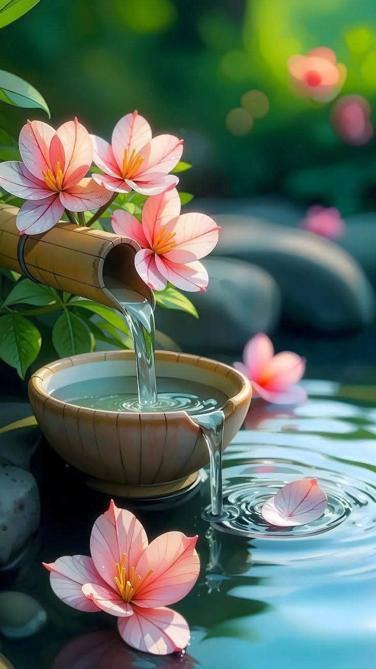 Flowing water and pink flowers — gentle and renewing