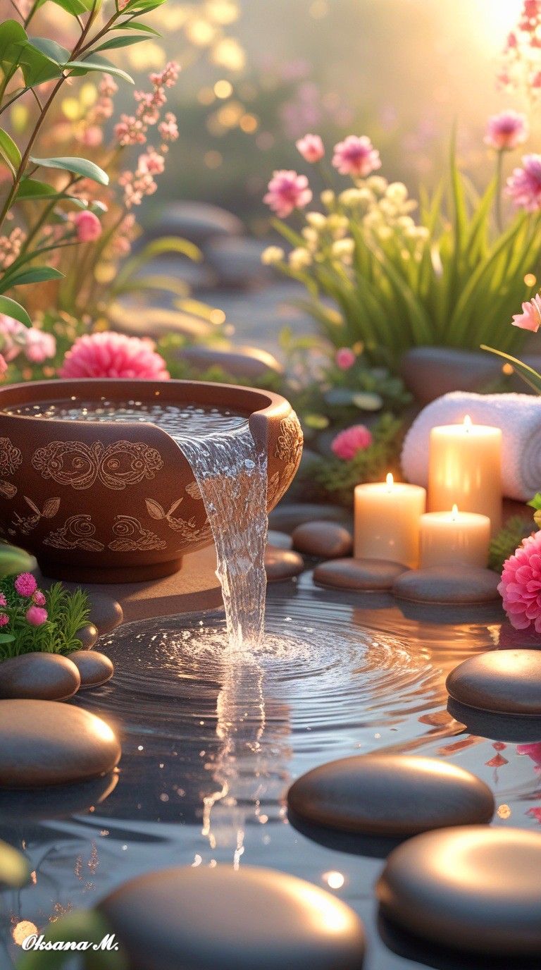 Serene zen garden with water and stones — healing and peace